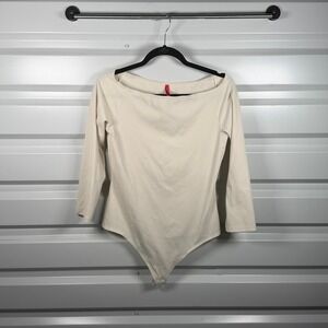 Spanx Suit Your Fancy Ribbed Long Sleeve Bodysuit Cream Champagne Large L